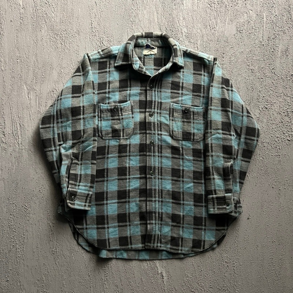 Vintage Champion Flannel Shirt Large Blue Plaid Heavy Cotton Workwear